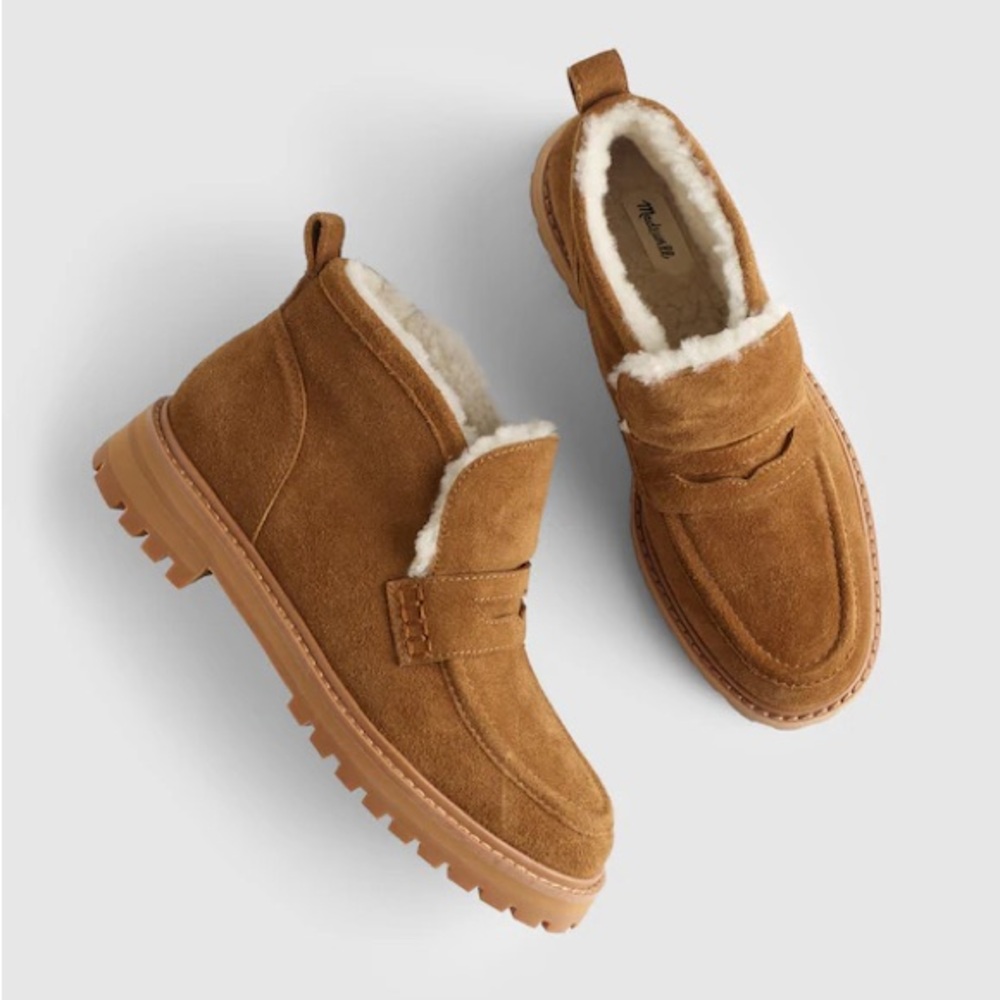 MADEWELL Ryder Shearling Boots Suede Chestnut Ankle Lug Sole Cozy 7.5 NWOT